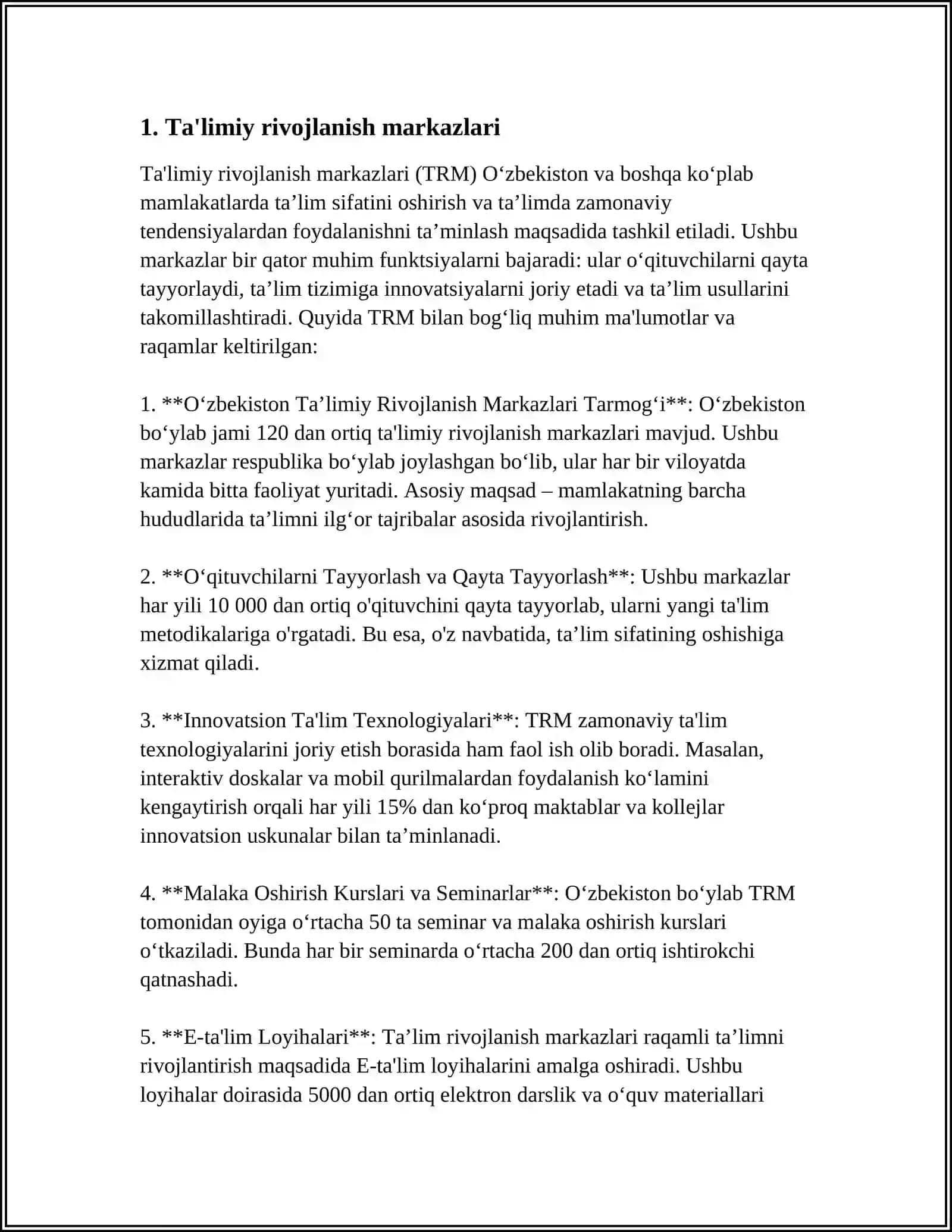 MUSTAQIL ISH Mavzu: RIVOJLANISH MARKAZLARNING FAOLIYATI. RIVOJLANISH MARKAZLAR TASNIFII 3