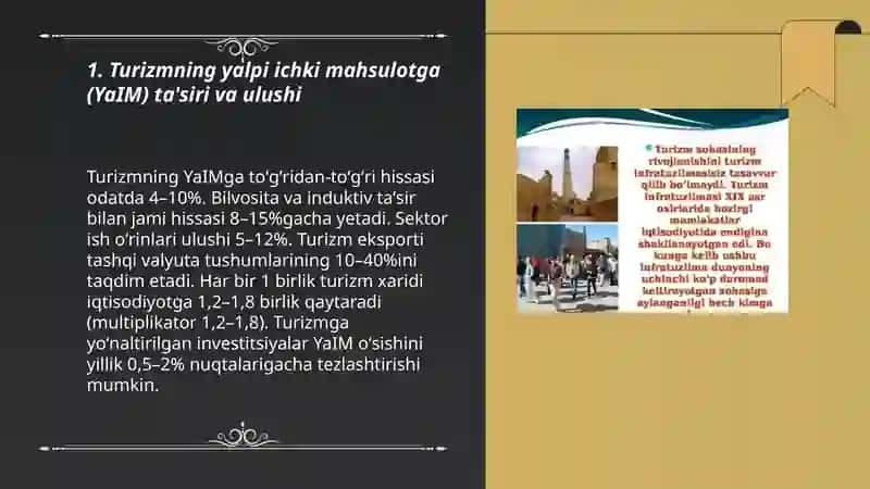 Turizm sohasining iqtisodiy o'sishga qo'shayotgan hissasini tahlil qilish Mardona 3