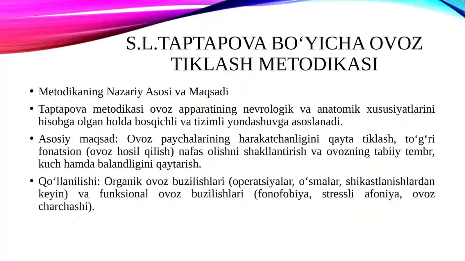 Ovoz buzilishlarini bartaraf etishda S.L.Taptapova metodikasini adabiyotlardan foydalangan holda konspekt qiling. 3