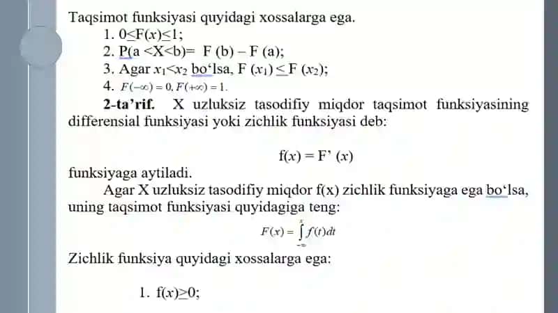 Uzluksiz tasodifiy miqdorlar. Ehtimollar taqsimotining zichlik funksiyasi 3