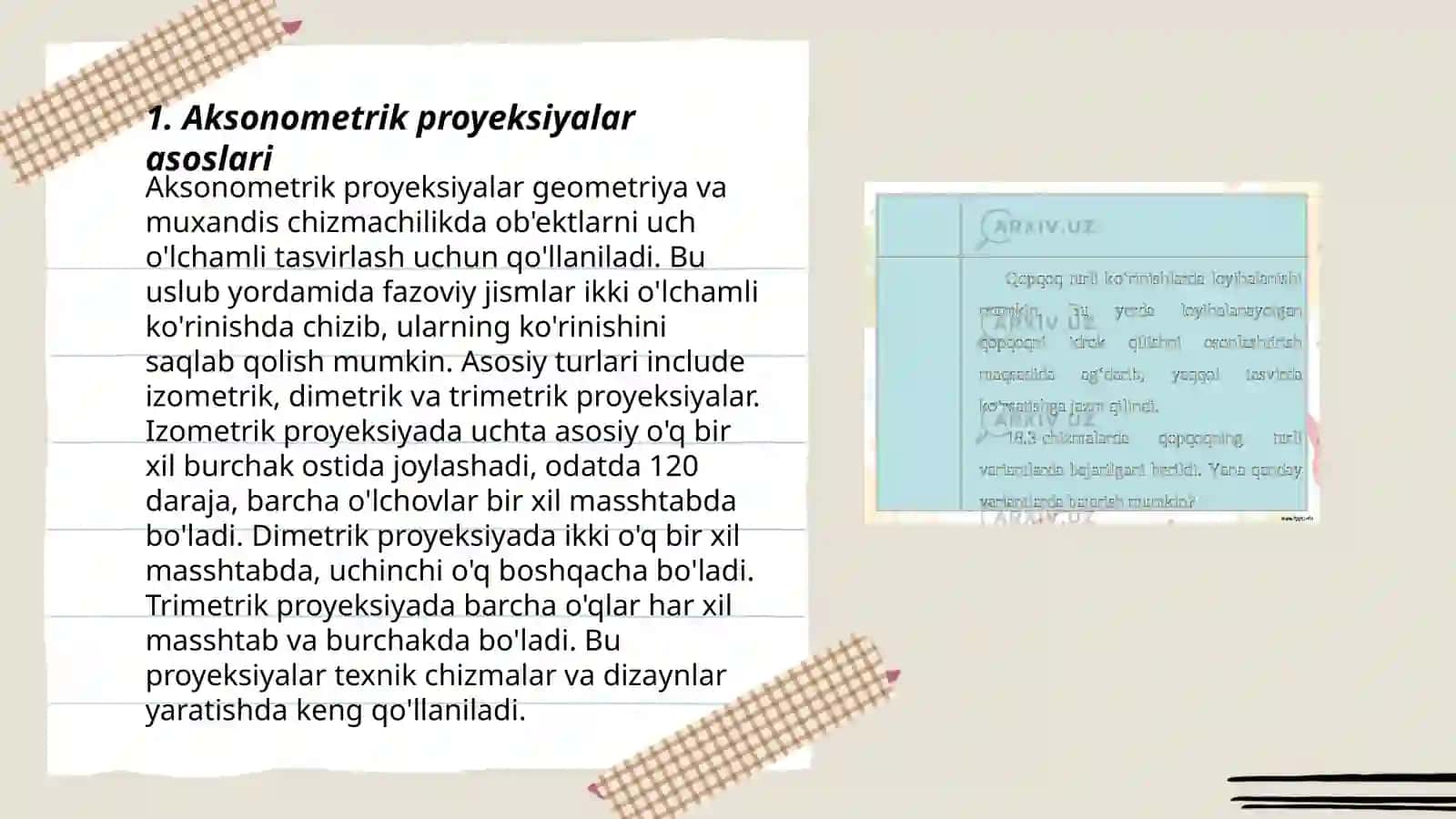 Detalning ikki koʻrinishi boʻyicha uning uchinchi koʻrinishini chizish.aksonmetrik proyeksiyalar chizish usullari oʻzDST 2.305.-97 aylanmaning izometrik proyeksiyasi 3