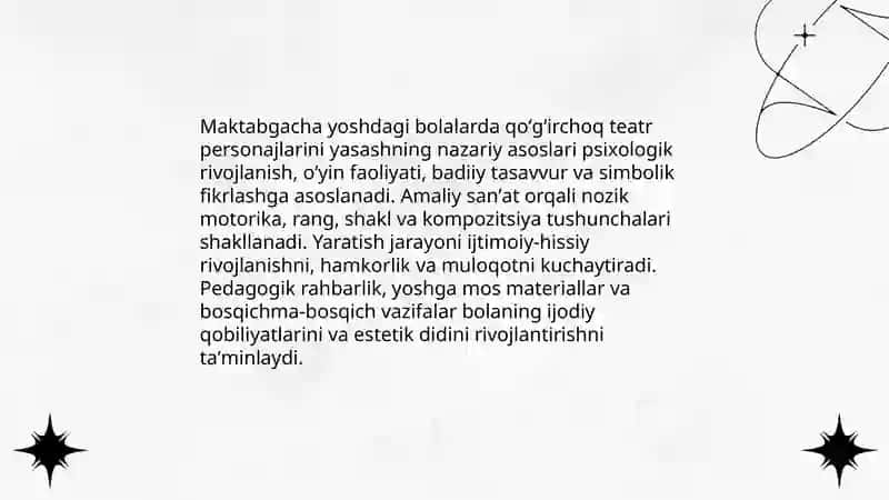 Maktabgacha yoshdagi bolalarni qoʻgʻirchoq teatrini personajlarini yasash orqali badiiy ijodiy qobiliyatlarini shakllantirishning tarbiyaviy ahamiyati 3