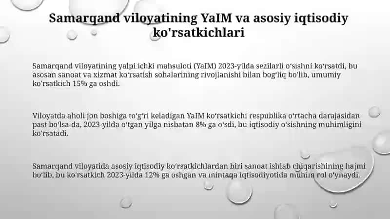 Samarqand viloyati YaIM va asosiy iqtisodiy ko'rsatkichlari 3