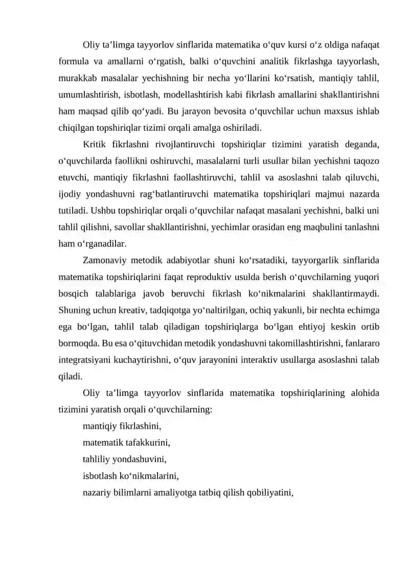 Oliy ta'lim yayyorlov sinflarida matematikadan kritik fikrlash qobiliyatini rivojlantirishga qaratilgan topshiriqlar tizimi. 3