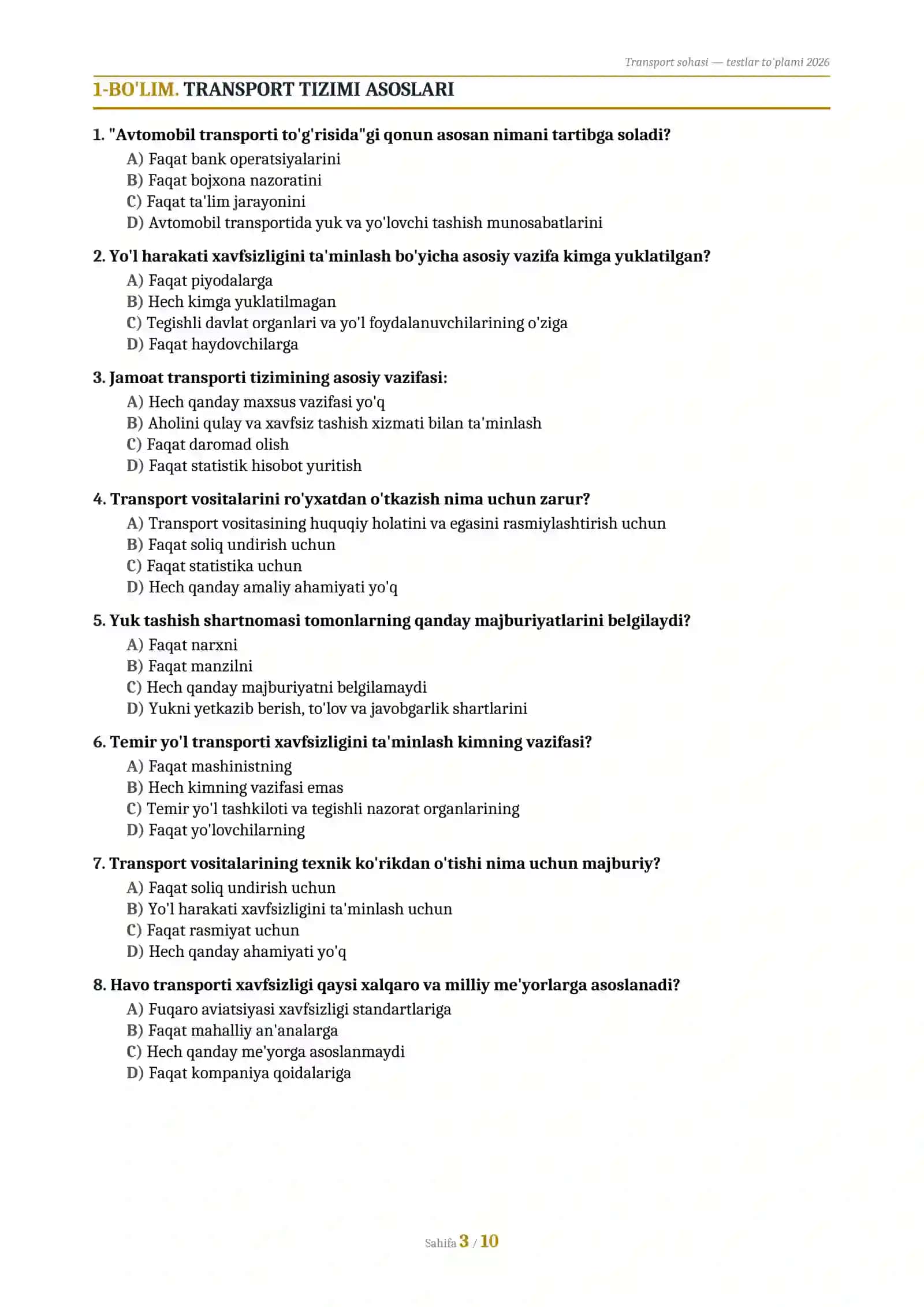 Transport sohasi davlat organlariga ishga kirish sinoviga tayyorgarlik testlari 3