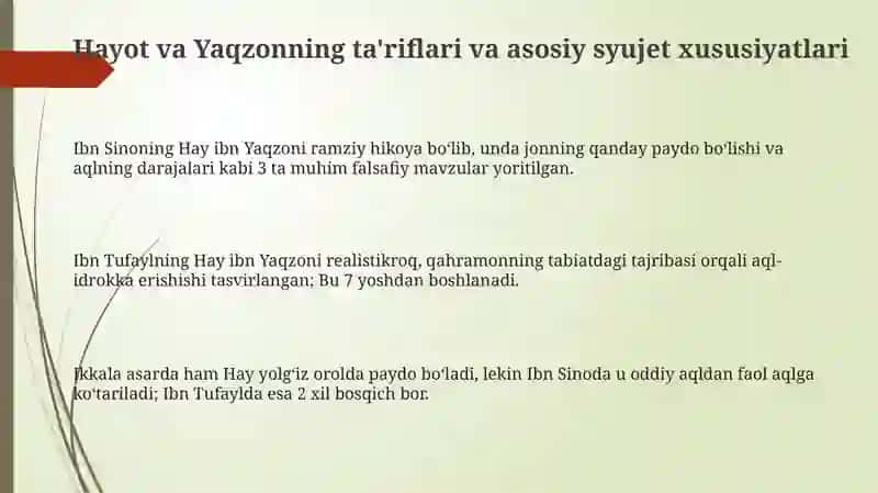 Ibn Tufayl va Ibn Sinoning “Xay ibn Yakzon o’g’li” risolasini qiysiy tahlil etish 3