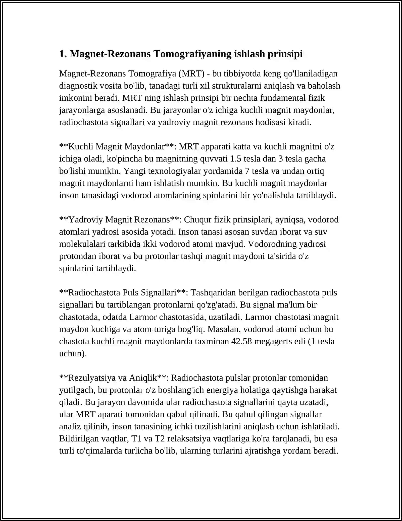 MUSTAQIL ISH Mavzu: MAGNIT -REZONANS TOMOGRAFIYANING FIZIK ASOSLARI.ELASTOGRAFIYA ASOSLARI 3