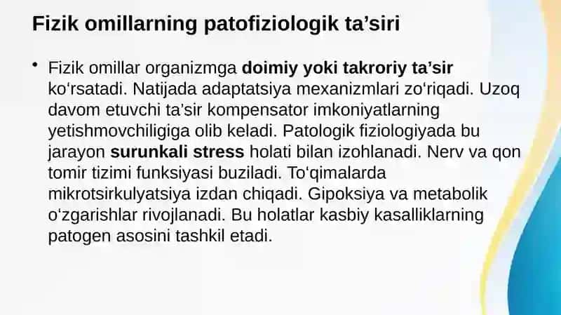 Ishlab chiqarishning fizik omillari ta’siridan rivojlanadigan kasb kasalliklari. Vibratsiya kasalligi. Kasbiy karlikning diagnostik kriteriylari 3