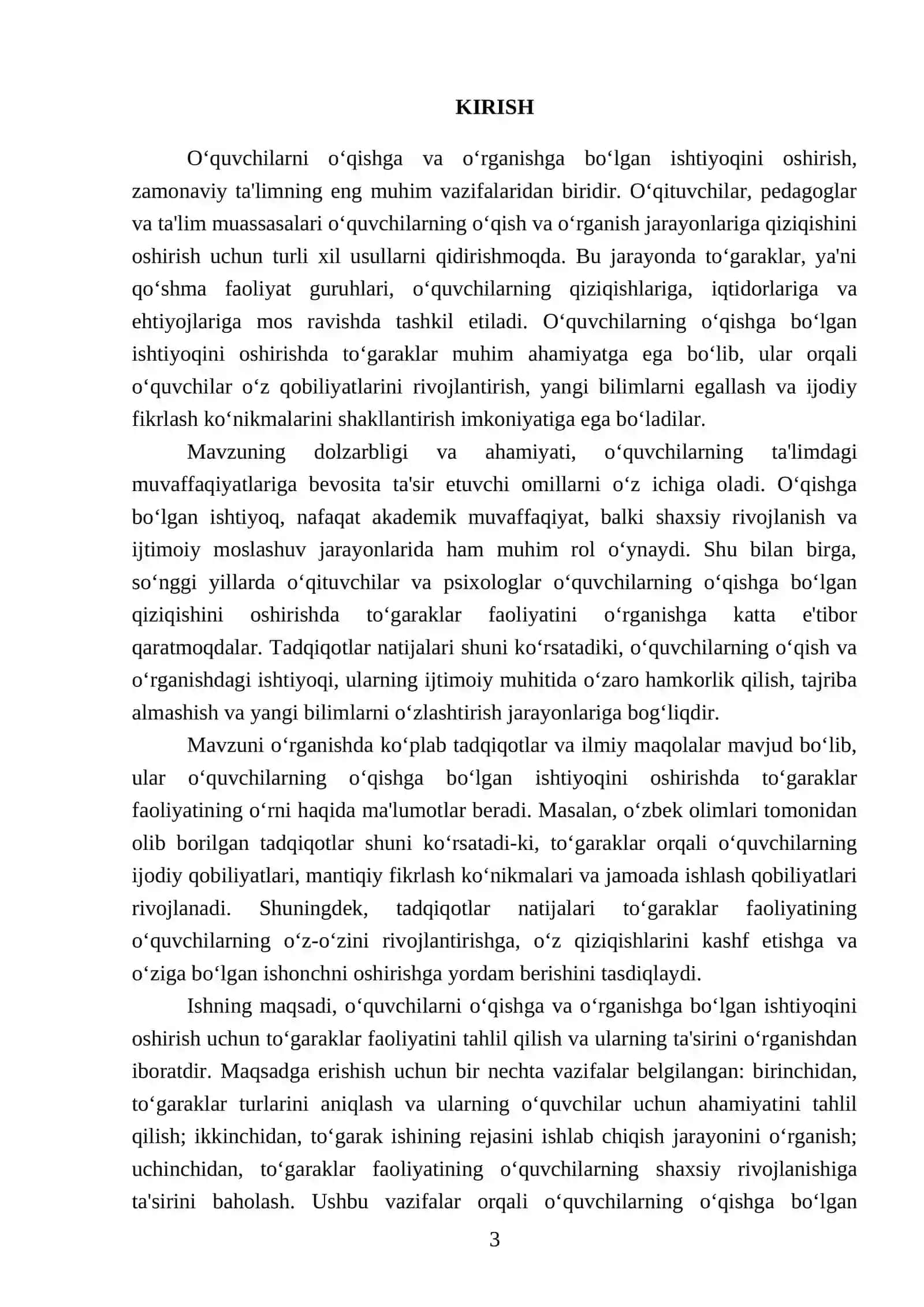 O‘quvchilarni o‘qishga va o‘rganishga bo‘lgan ishtiyoqni oshirish uchun turli xil togaraklar turishni hamda to‘garak ishining rejasini ishlab chiqishi 3