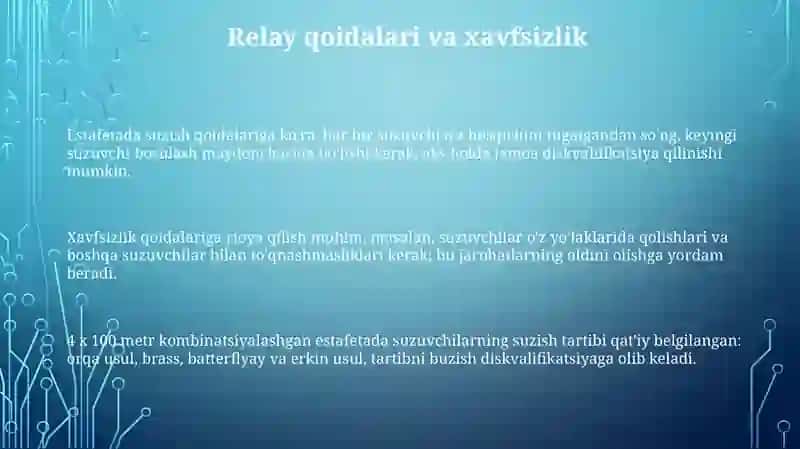 Estafeta davomida start va burulishlarni bajarishni takomillashtirish (suzish) 3