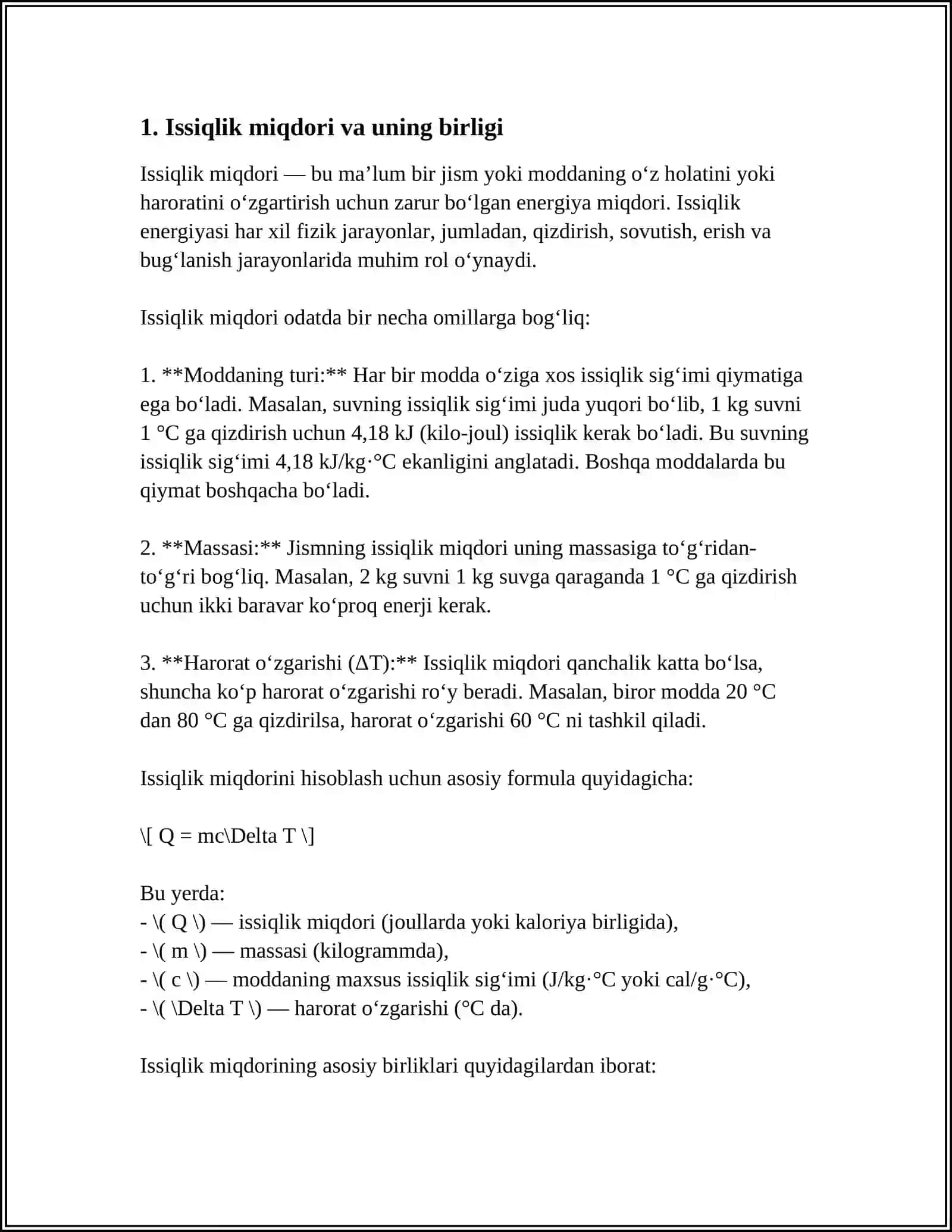 ISSIQLIK MIQDORI. OATTIQ JISMLAMING ERISHI VA QOTISHI.ISSIQLIK MASHINALARI VA ULARNING FOYDALI ISH KOEFFITSIENTI 3