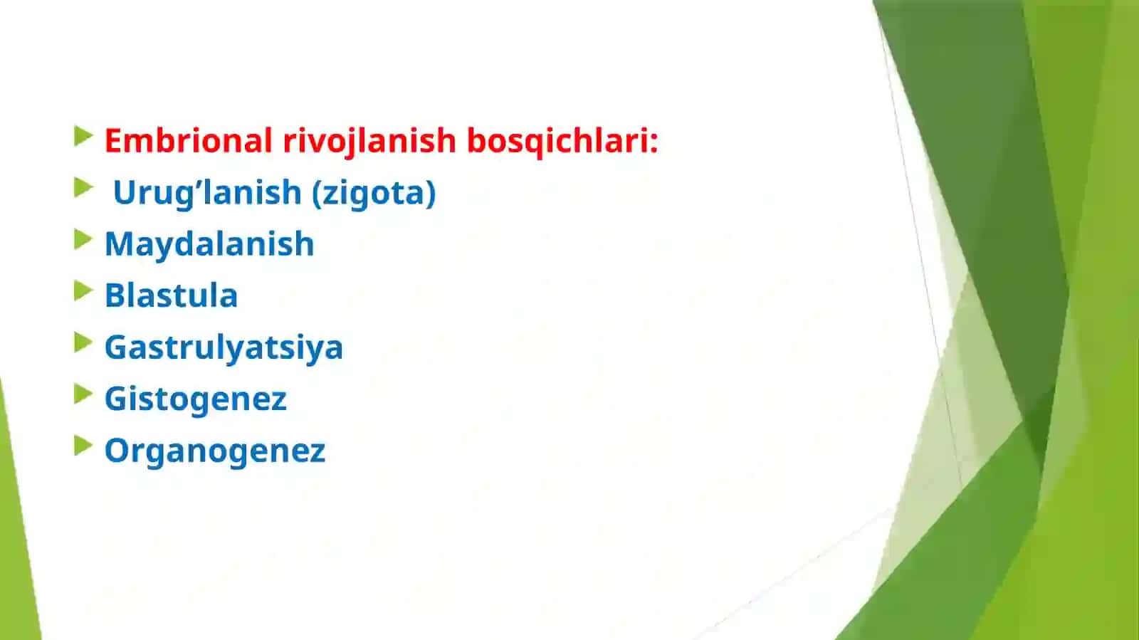 Embrional rivojlanishning   umumiy qonuniyatlari.Embriogenez.   Teratogen omillar. 3