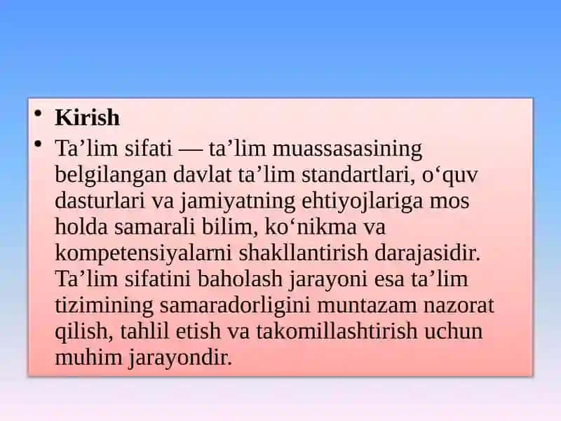 Ta`lim sifatini baholash jarayoni tashkil etish va takomillashtirish 3