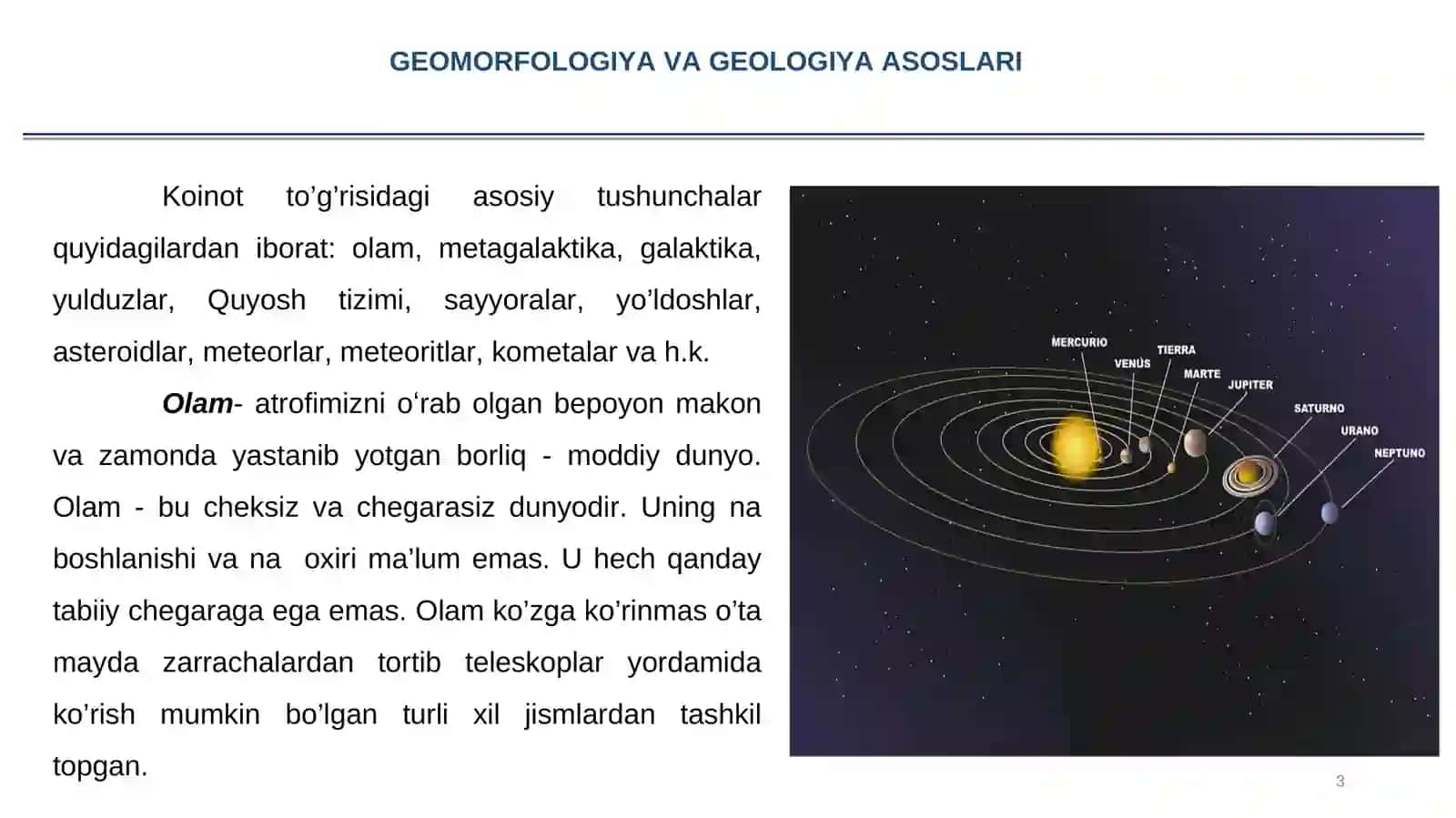 Yer sharining koinotda tutgan o‘rni. Osmon yoritgichlari haqida tushuncha. Quyosh tizimi 3