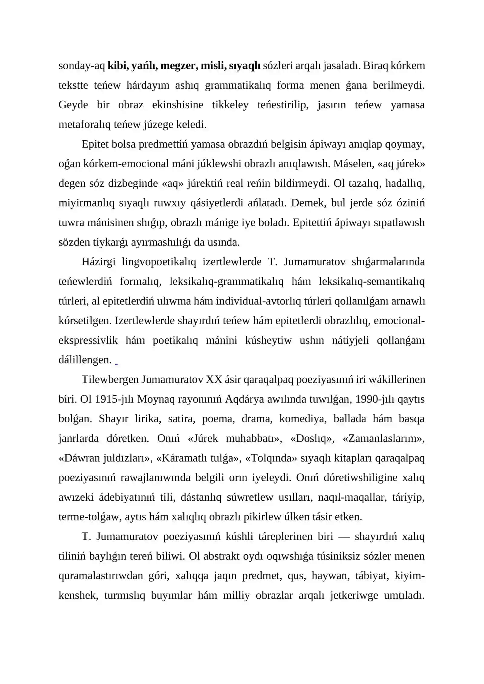 T. Jumamuratov poeziyasında teńew hám epitetlerdiń qollanılıwı 3