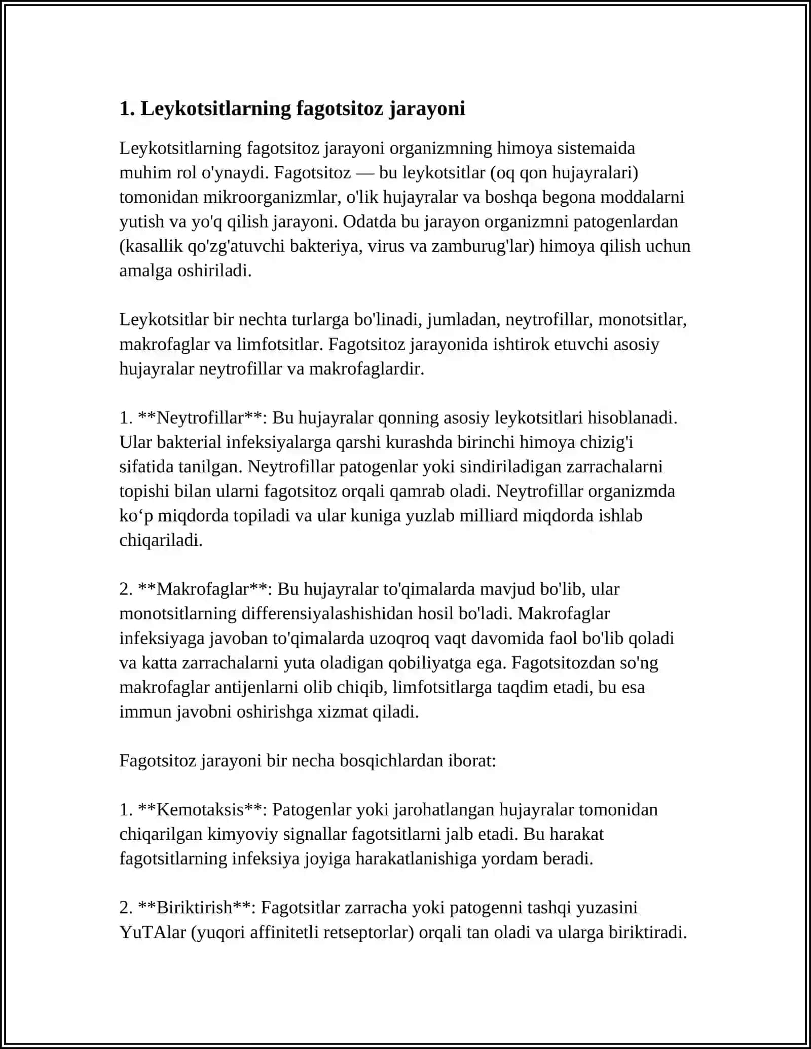 MUSTAQIL ISH Mavzu: LEYKOSITLARNING FAGOTSITOZ JARAYONIDAGI AHAMIYATI 3