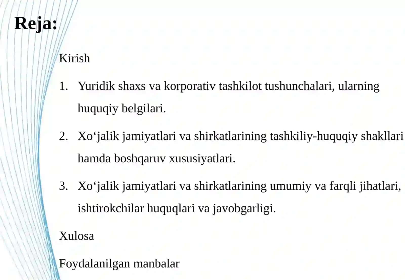 Yuridik shaxs va korporativ tashkilot tushunchalari xo‘jalik jamiyatlari va shirkatlarining umumiy hamda farqli jihatlari.pptx 3