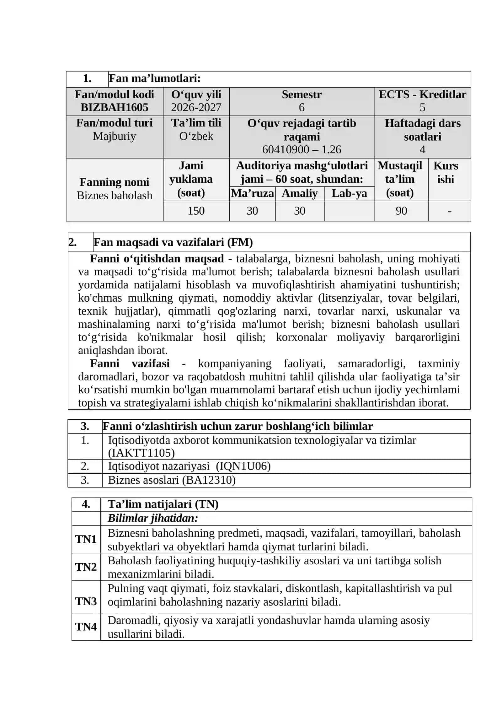 BIZNESNI BAHOLASH FANINING OʻQUV DASTURI 3
