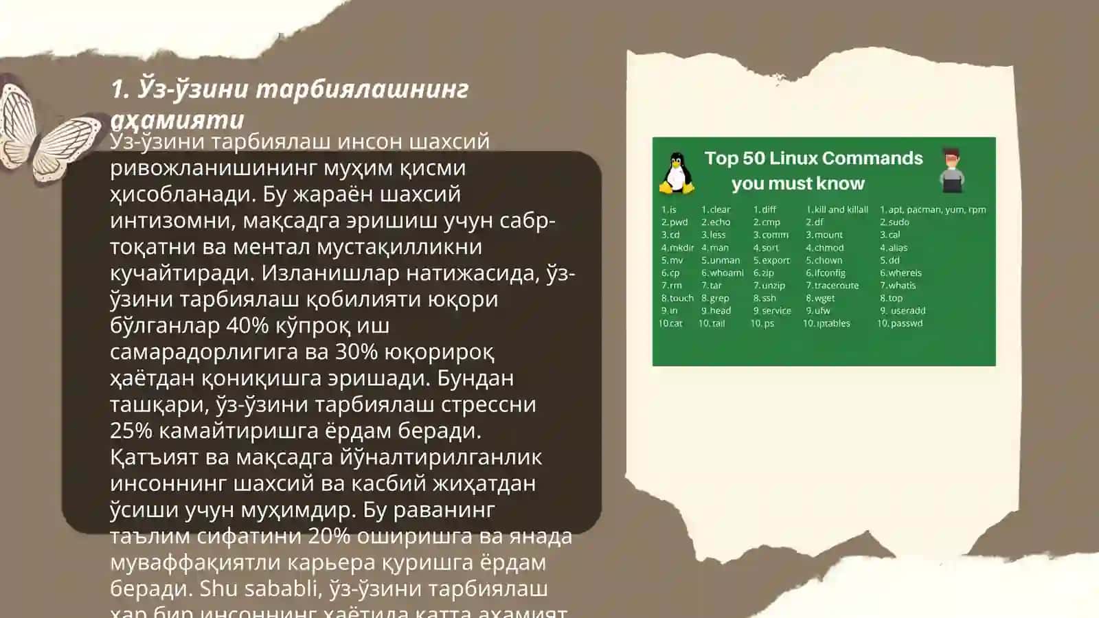 Òz òzini tarbiyalash va òz ustida ishlash pedagogik mahoratning asosiy sharti sifatida.Òwituvchilarning ilĝor pedagogik tajribalarini tòplash va amaliyotda qòllash 3
