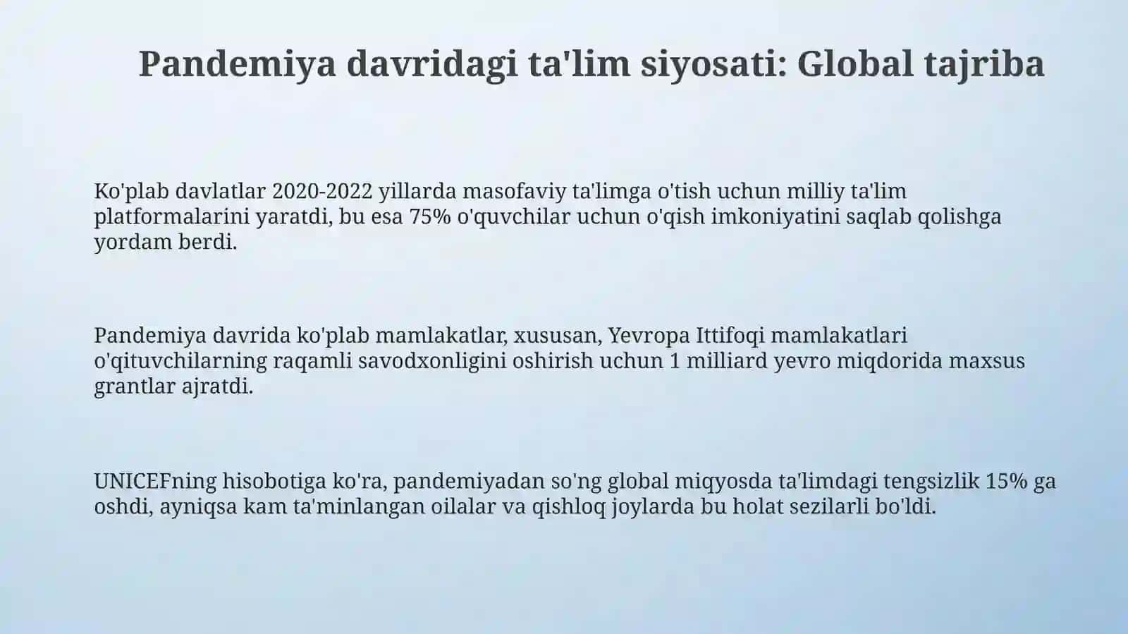 Pandemiya davridagi ta'lim va tarbiya siyosati: Global tajriba 3