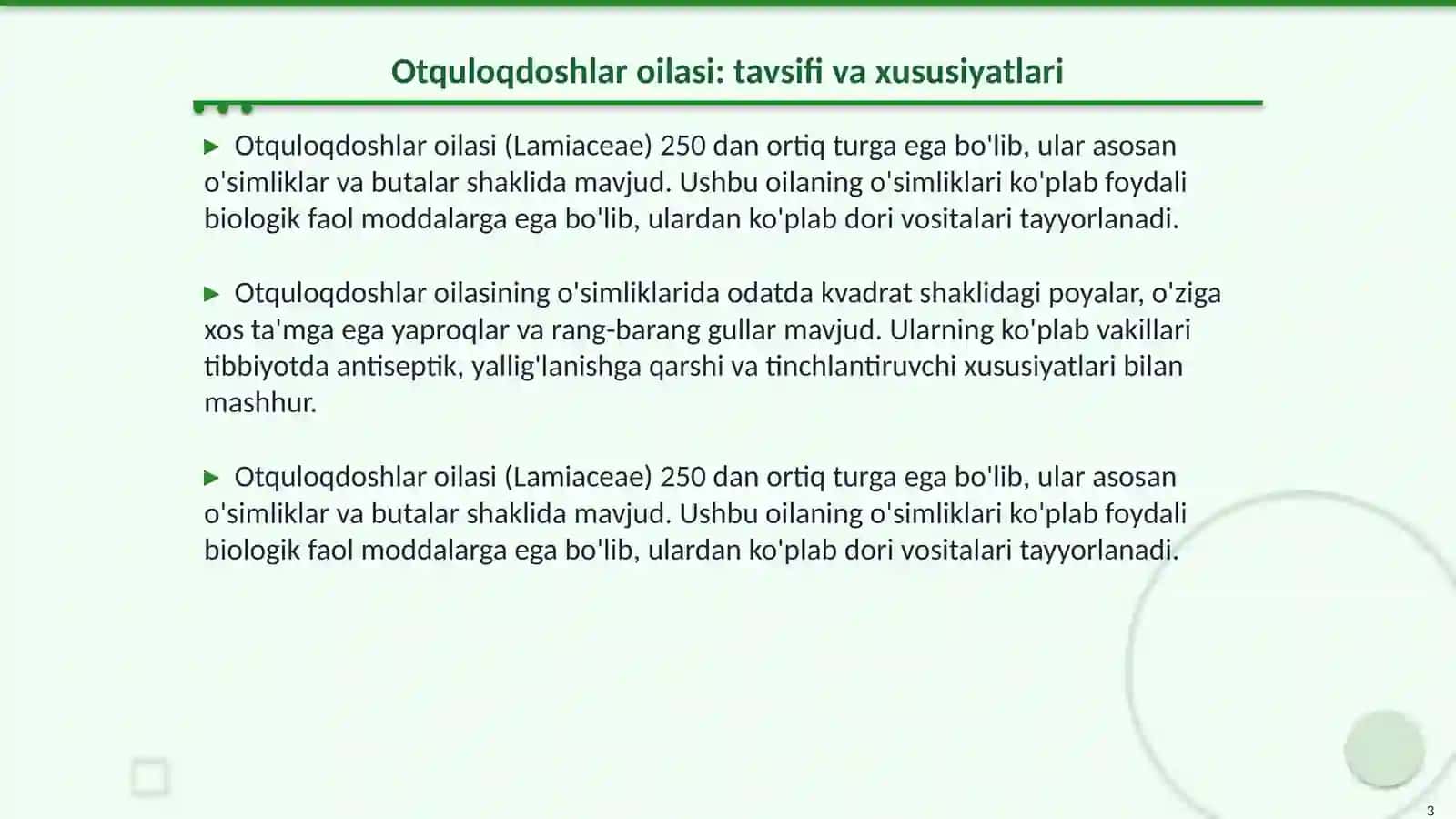 Otquloqdoshlar, araliyadoshlar va valerianadoshlar oilasi tavsifi, asosiy vakillari va tibbiyotdagi ahamiyati. Farmasevtik botanika fani 3