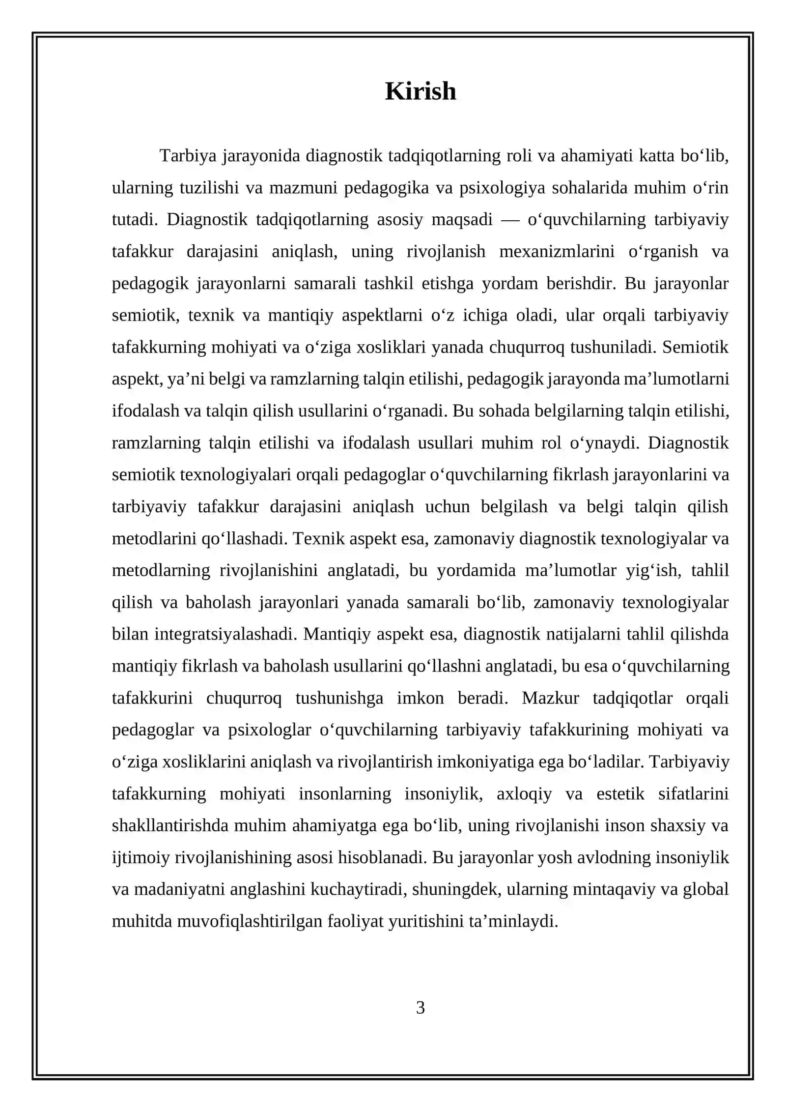 DIAGNOSTIK TADQIDOTLARNING TUZILISHI:DIAGNOSTIK TADQIDOTLARNING SEMIOTIK.TEXNIK VA MANTIQIY. ASPEKTLARI; TARBIYAVIY TAFAKKURNING MOHIYATI VA OʻZIGA XOSLIKLARI 3