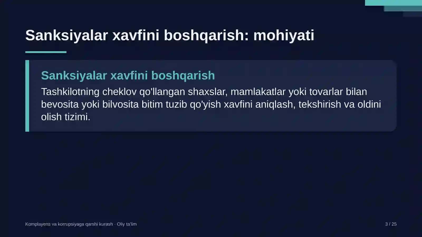 Komplayens va korrupsiyaga qarshi kurash · Oliy ta'lim 3