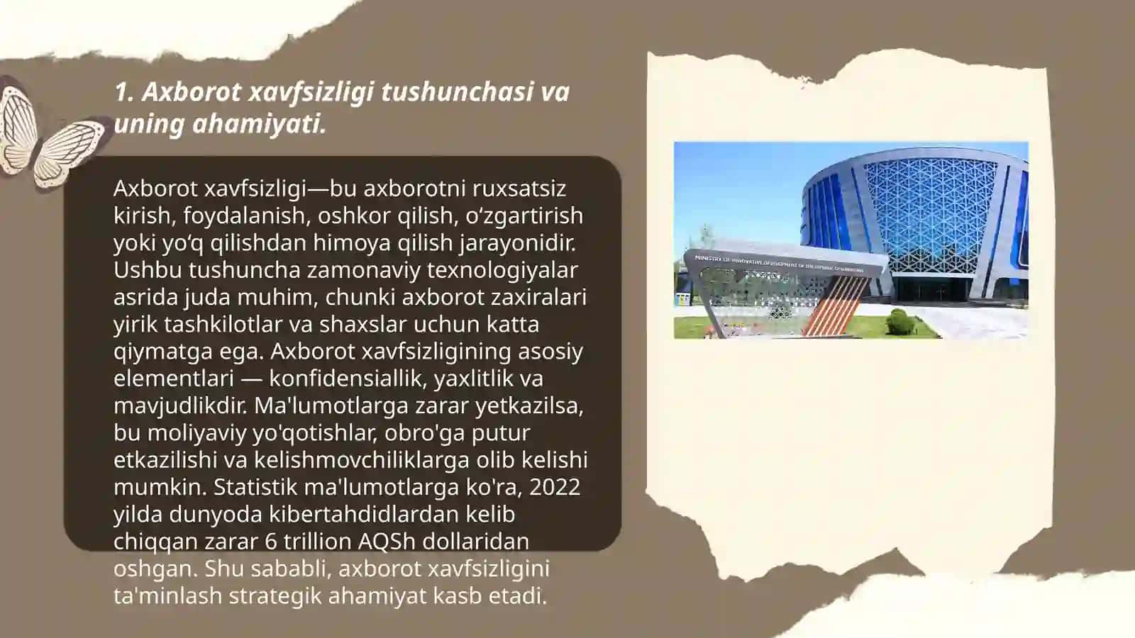Axborot xavfsizligi va axborotni muhofaza qilish tushunchalari hamda O'zbekiston Respublikasida axborotlashtirish va axborot xavfsizligi bo‘yicha normativ huquqiy hujjatlar haqida referat va taqdimot tayyorlash 3