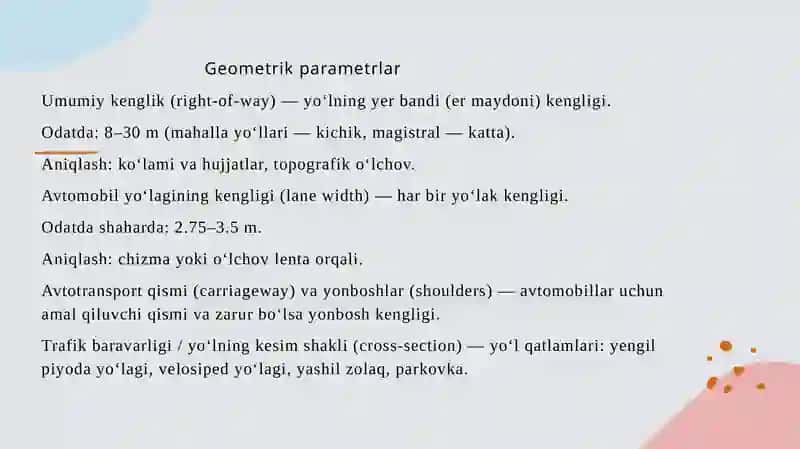 Shahar koʻcha yoʻllarining parametrlarini aniqlash 3