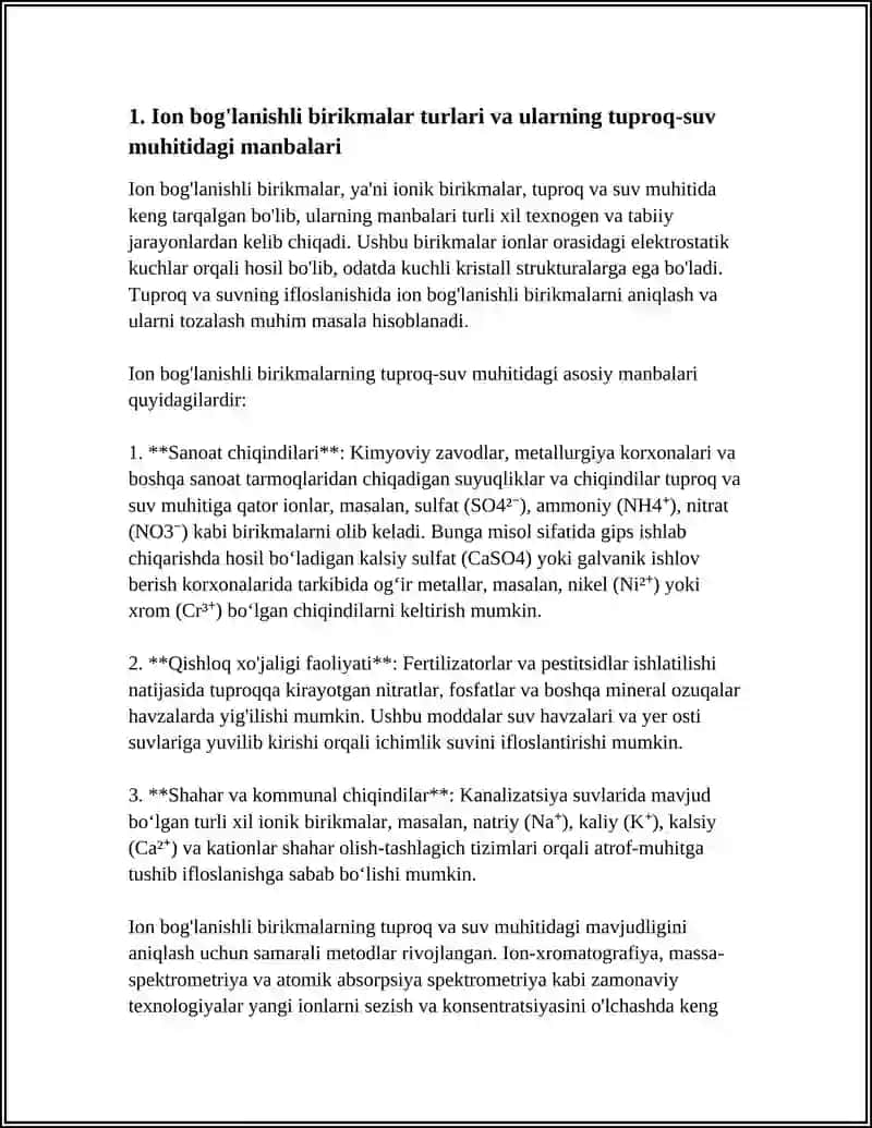 TUPROQ VA SUVNING IFLOSLANISHIDA ION BOĞLANISHLI BIRIKMALARNI ANIQLASH VA ULARNI TOZALASH USULI 3