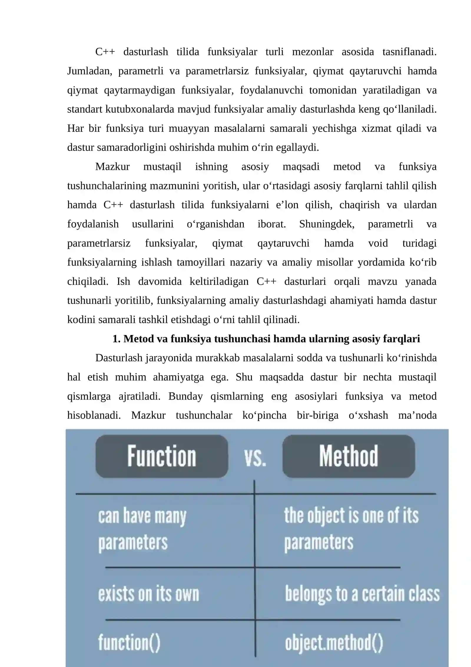 Metodlar va funksiyalarning farqi. C++ dasturlash tilida funksiyaning tasnifi. 3