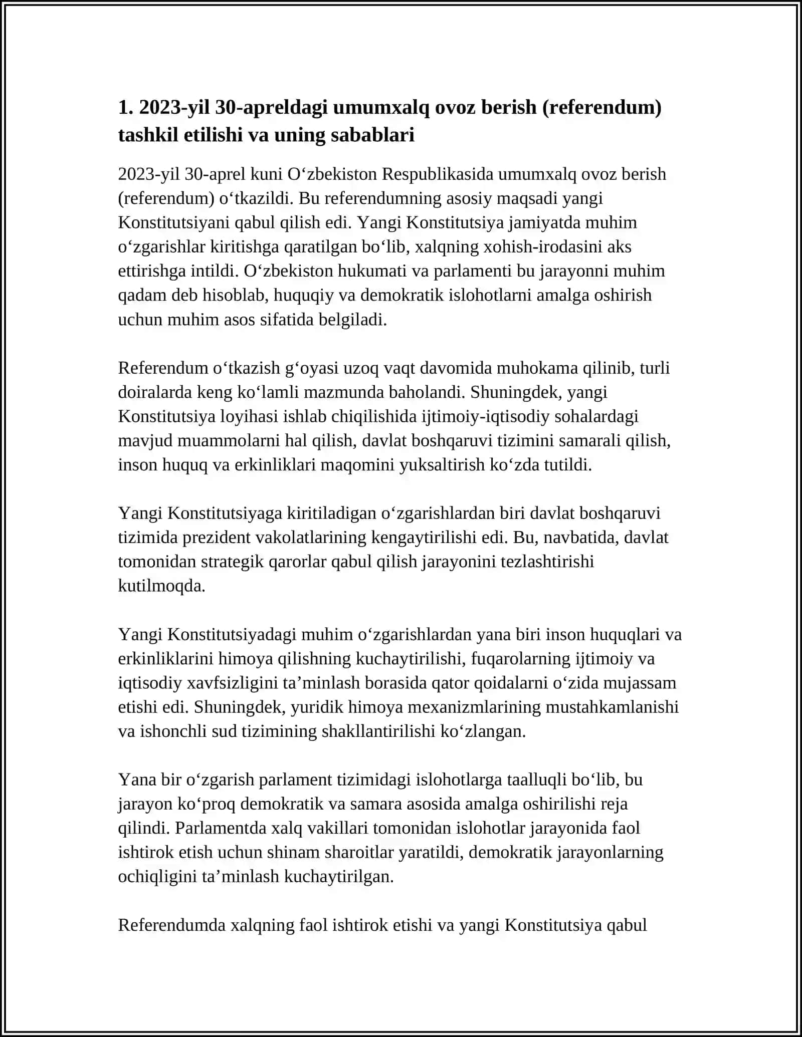 Mustaqil ish: OZBEKISTON RESPUBLIKASI YANGI KONSTITUTSIYASINI UMUMXALQ TOMONIDAN QABUL QILINISHI (2023-YIL 30-APREL) 3