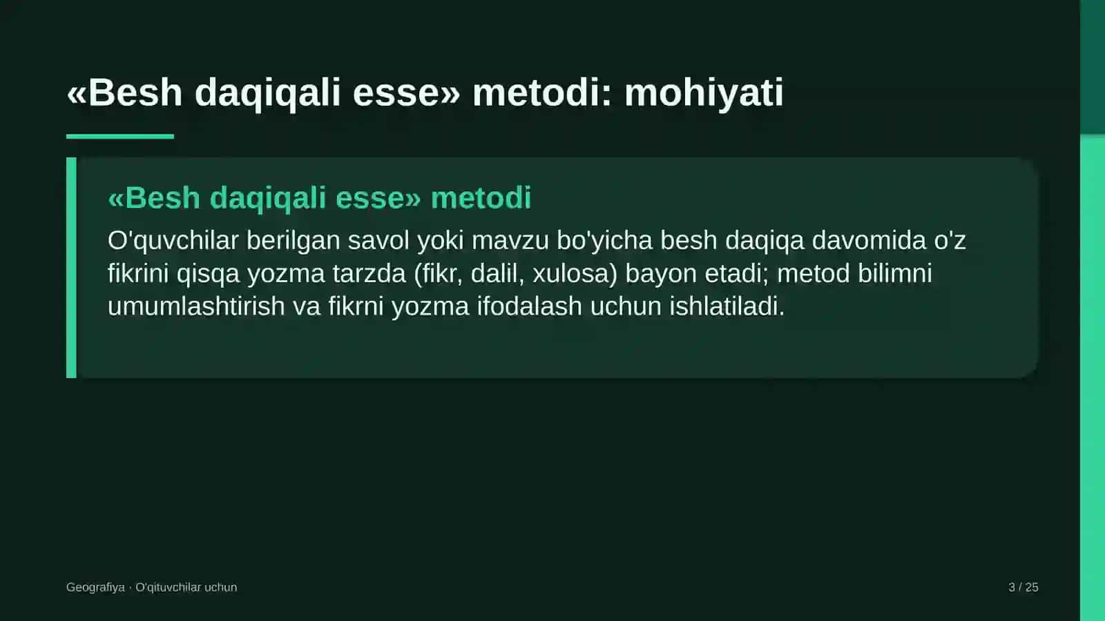 geografiya darslarida besh daqiqali esse metodidan foydalanish 3187 3