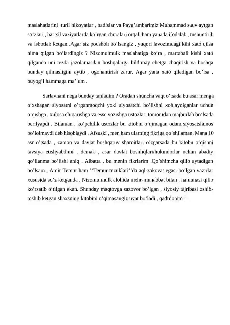Nizomulmulkning ''Siyosatnoma''asari uchun esse. 3