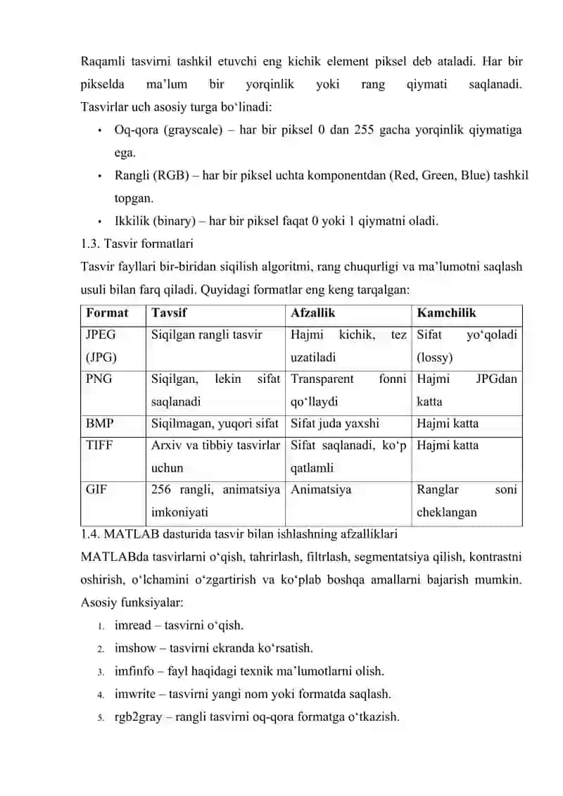 Tasvirni o‘qish, ko‘rsatish va formatlarni aniqlash (MATLAB muhitida) amaliy mashg'ulot 3