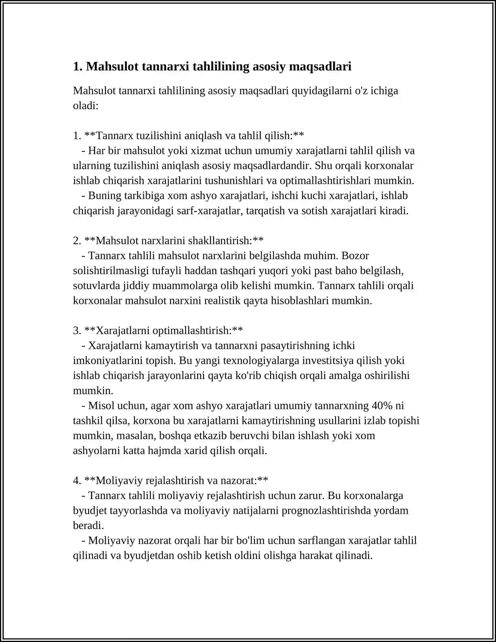 MOLIYAVIY HISOBOT TAHLILI FANIDA "MAHSULOT ISHLAB CHIQARISH TANNARXI TAHLILI." 3