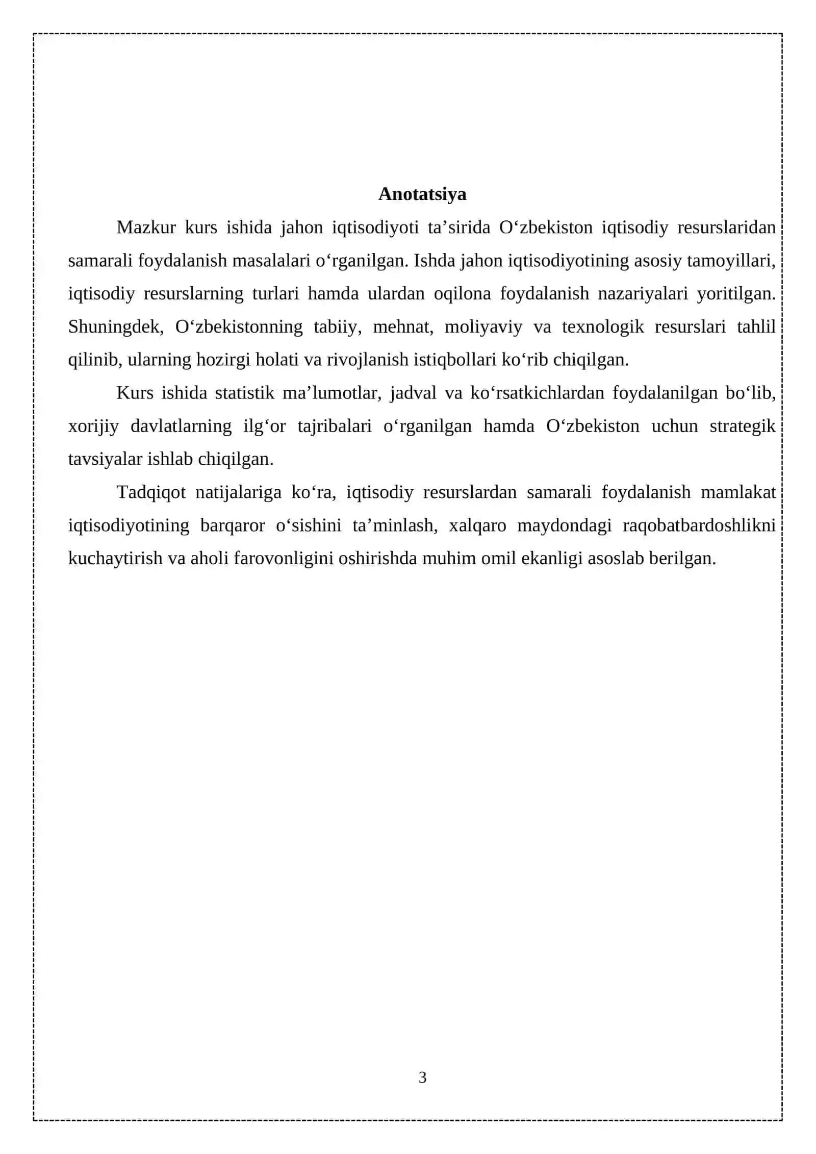 Jahon iqtisodiyoti ta’sirida O‘zbekistonning iqtisodiy resurslaridan samarali foydalanish muammolari 3