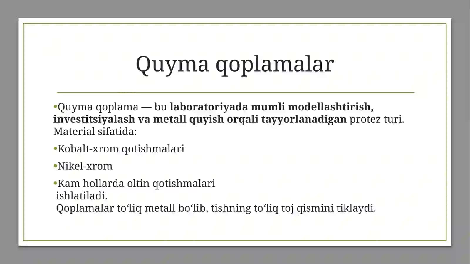 Tish qattiq to'qimasi nuqsonlarini quyma qoplamalar 3