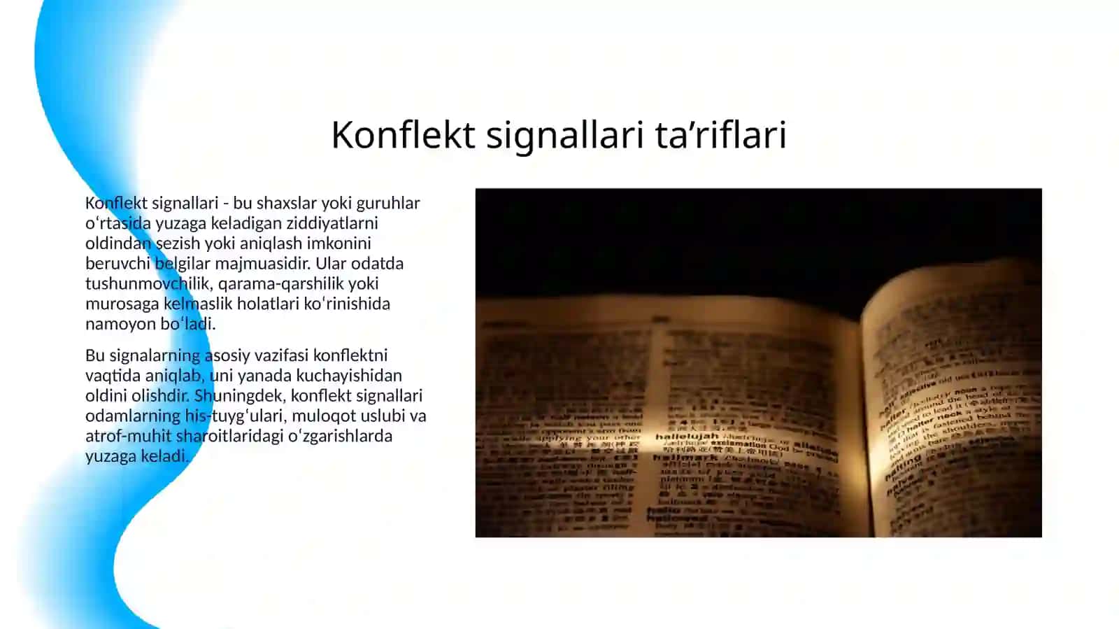 KONFLEKT SIGNALLARI.AGRESSIYA VA ZOʻRAVONLIK HAQIDA TUSHUNCHA,UNING MOHIYATI.KONFLEKTLI VAZIYATDA QAHR VA GʻAZAB JAMOADAGI KONFLEKT VA UNI YECHIMGA OLIB KELISH YOʻLLARINI ANGLASH VA UZINI ANGLATISH QOIDALARI 3
