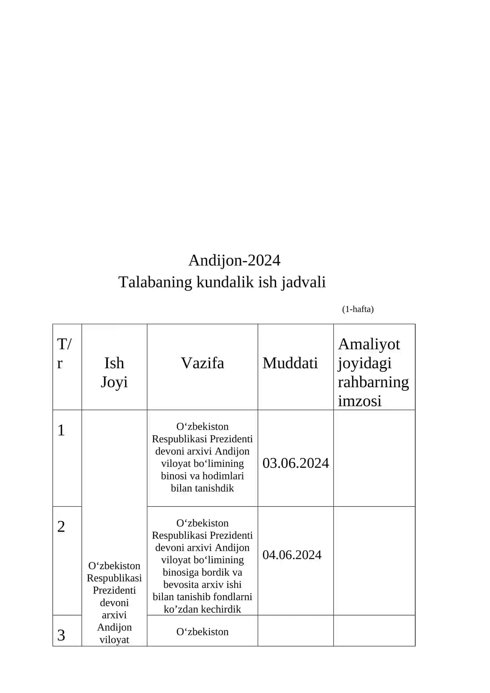 TALABANING ARXIVSHUNOSLIK BO’YICHA AMALIYOT KUNDALIGI 3