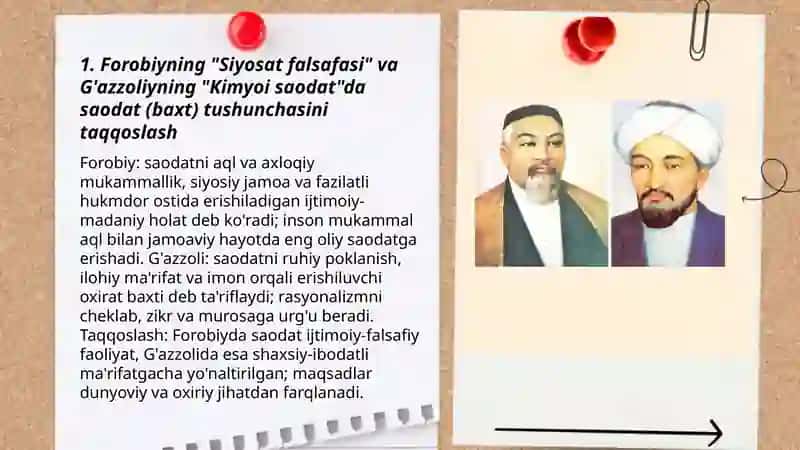 Abu Nasr Forobiy va G'azzoliyning falsafa ilmiga oid qarashlarini qiyosiy tahlil etish (Forobiyning "Siyosat falsafasi" va G'azzoliyning "Kimyoi saodat" asarlari asosida) 3