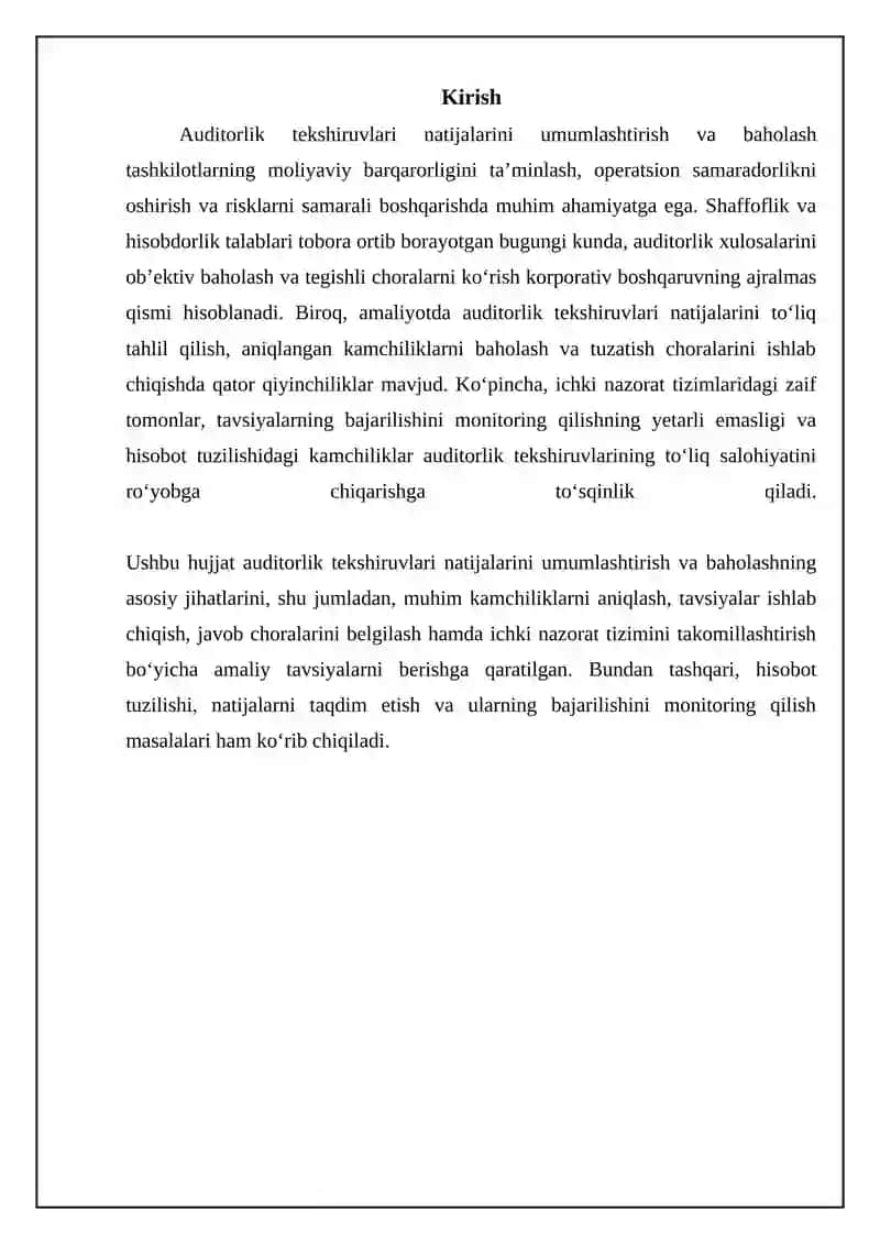 REFERAT: Auditorlik tekshiruvlari natijalarini umumlashtirish va baxolash 3