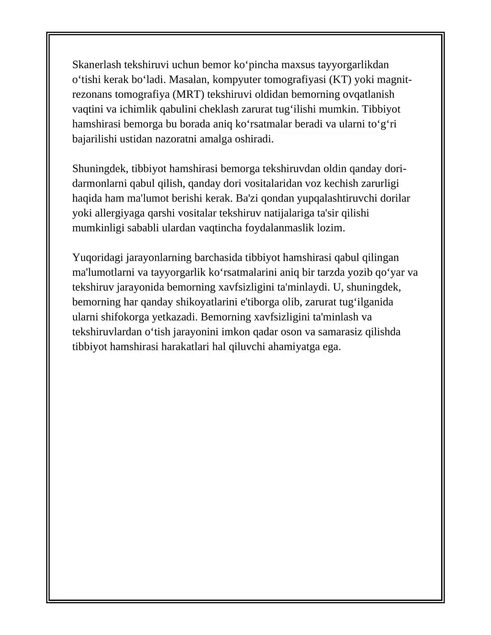 BEMORNI INSTRUMENTAL RENTGENOLOGIK ENDESKOPIK UTD VA SIKANERLASH TEKSHURUVLARGA TAYORLAWDA TIBBIYOT HAMISHIRASINI VAZIFASI 3