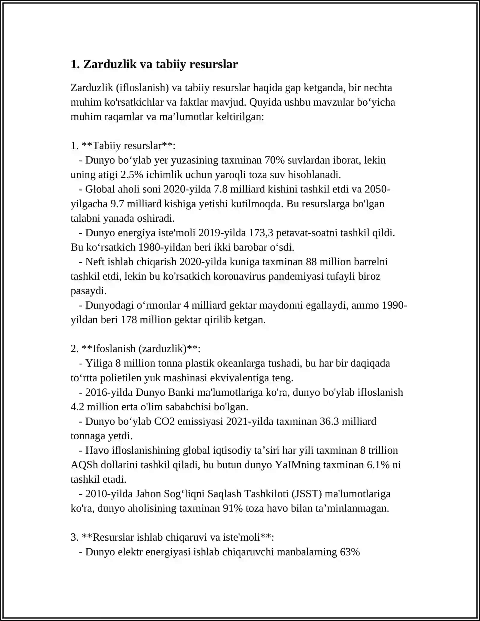 ZARDUWTIYLIKDA TABIATNING ULUĢLANIWI TEST 3