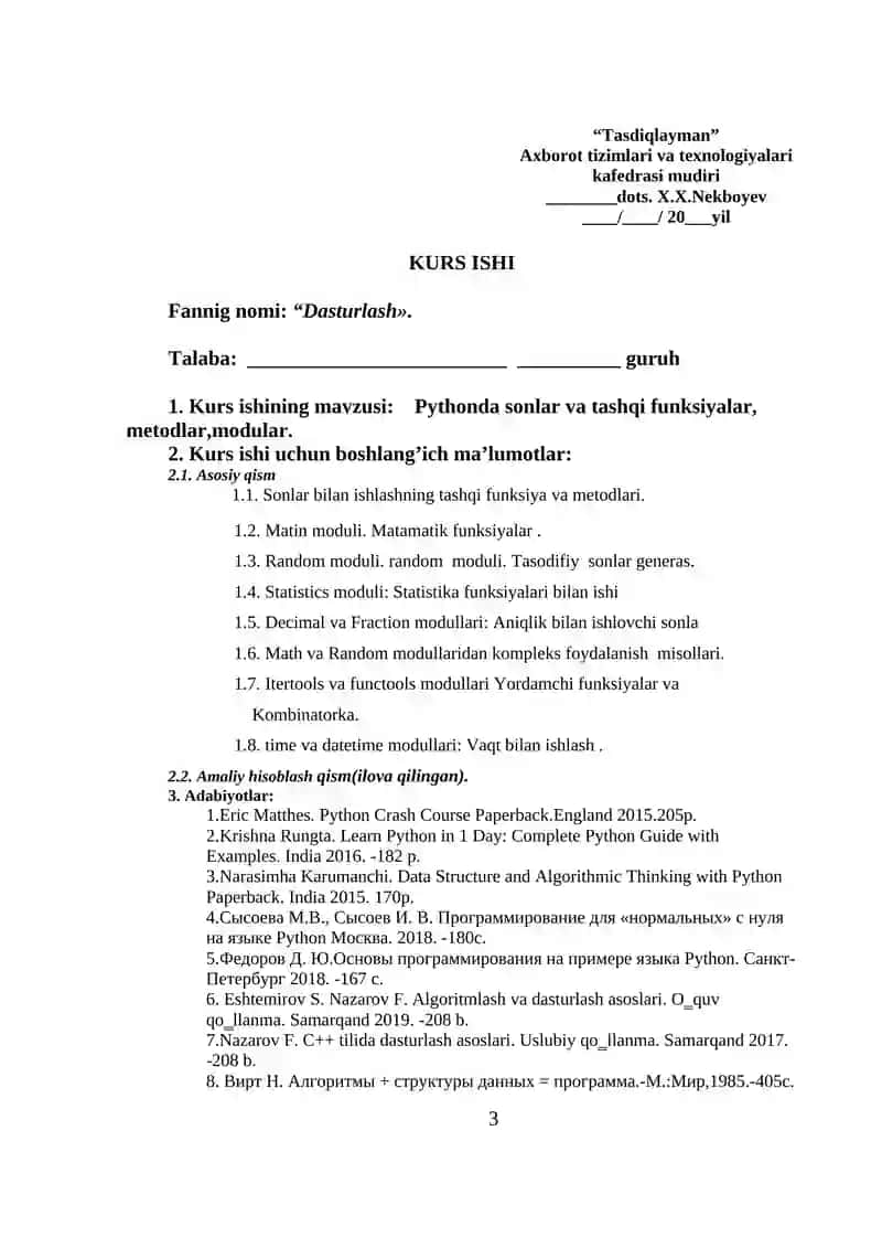 Pythonda sonlar va tashqi funksiyalar, metodlar, modular 3