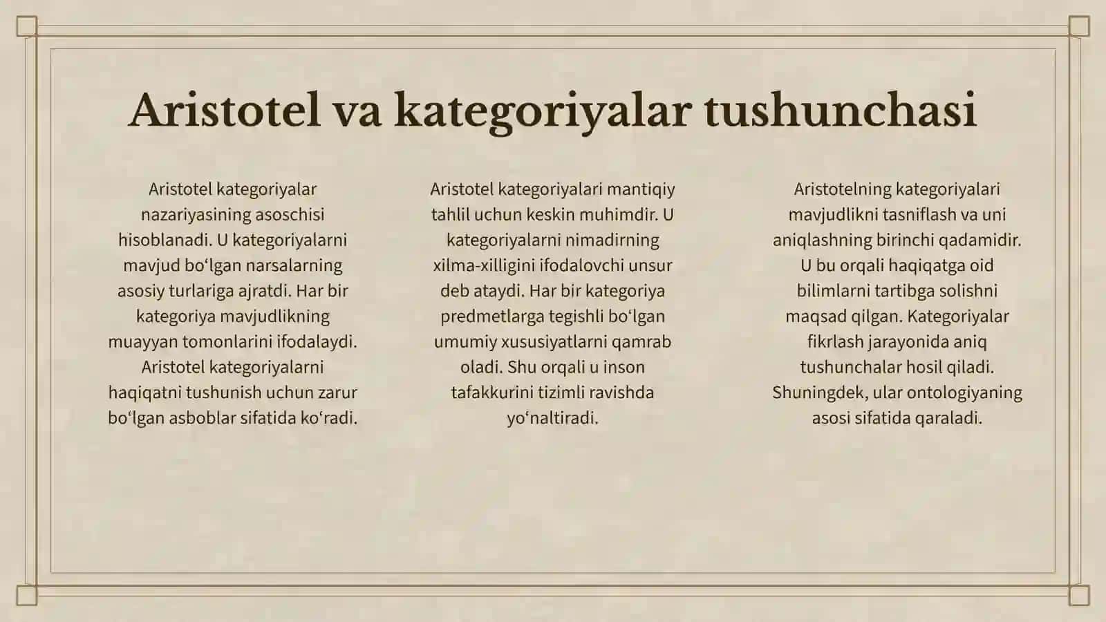 ARISTOTEL, FAROBIY VA KANT ONTOLOGIYASIDA KATEGORIYALARNING TASNIFI 3