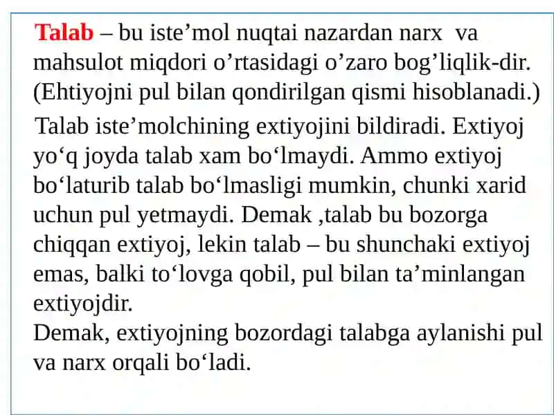 Mikro iqtisodiyotning asosiy kategoriyalari: Talab va taklif 3