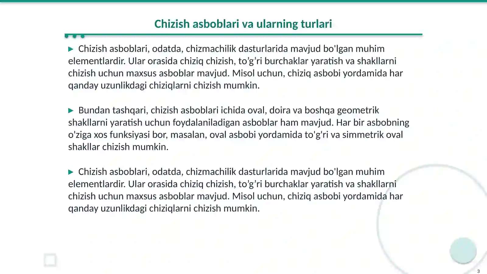 Detalning ikkita ko’rinishi orqali uchinchi ko’rinishini chizish uchun kerak bo’ladigan asboblar panellari 3