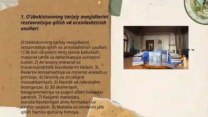 Oʻzbekistonning tarixiy masjidlarini restavratsiya qilish va arxivlashtirish usullari 3