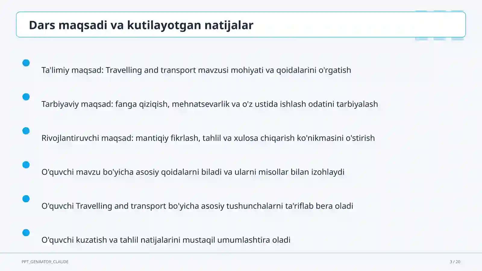 Travelling and transport (6-sinf) 3